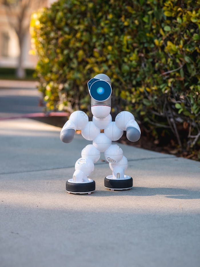 home-hero A cute humanoid robot posed on a sunlit pathway, illustrating modern technology outdoors.